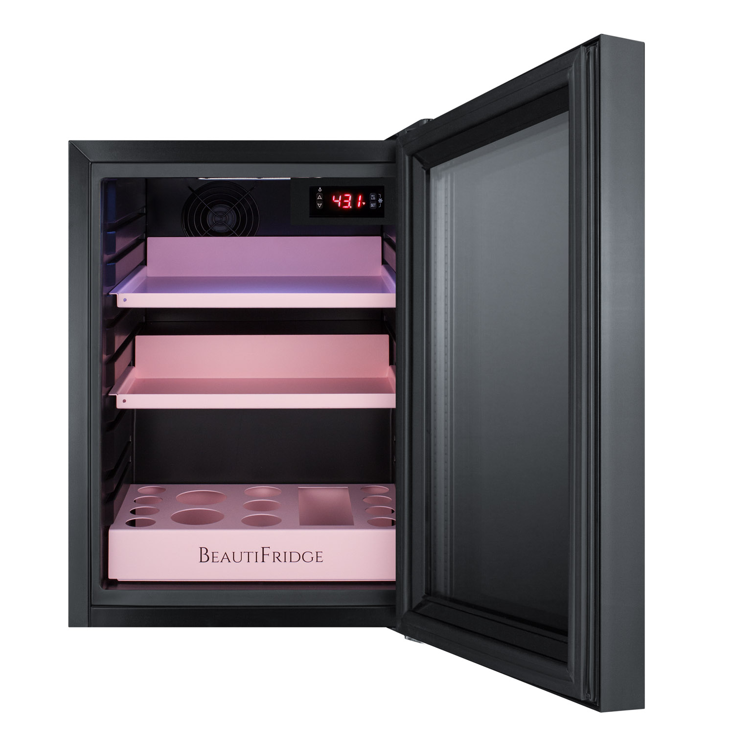 BeautiFridge compact cosmetics cooler with mirror-tinted glass door, black cabinet, lock, matte blush pink shelves, and digital controls set for the storage of beauty products